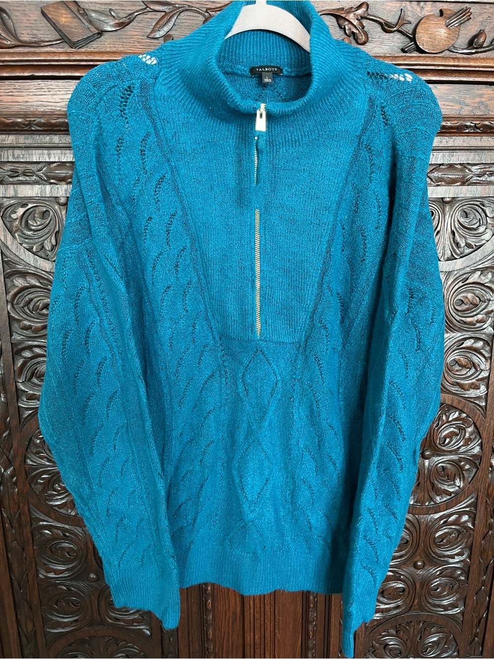 Talbots Teal Cable-Knit Half-Zip Turtleneck Sweater